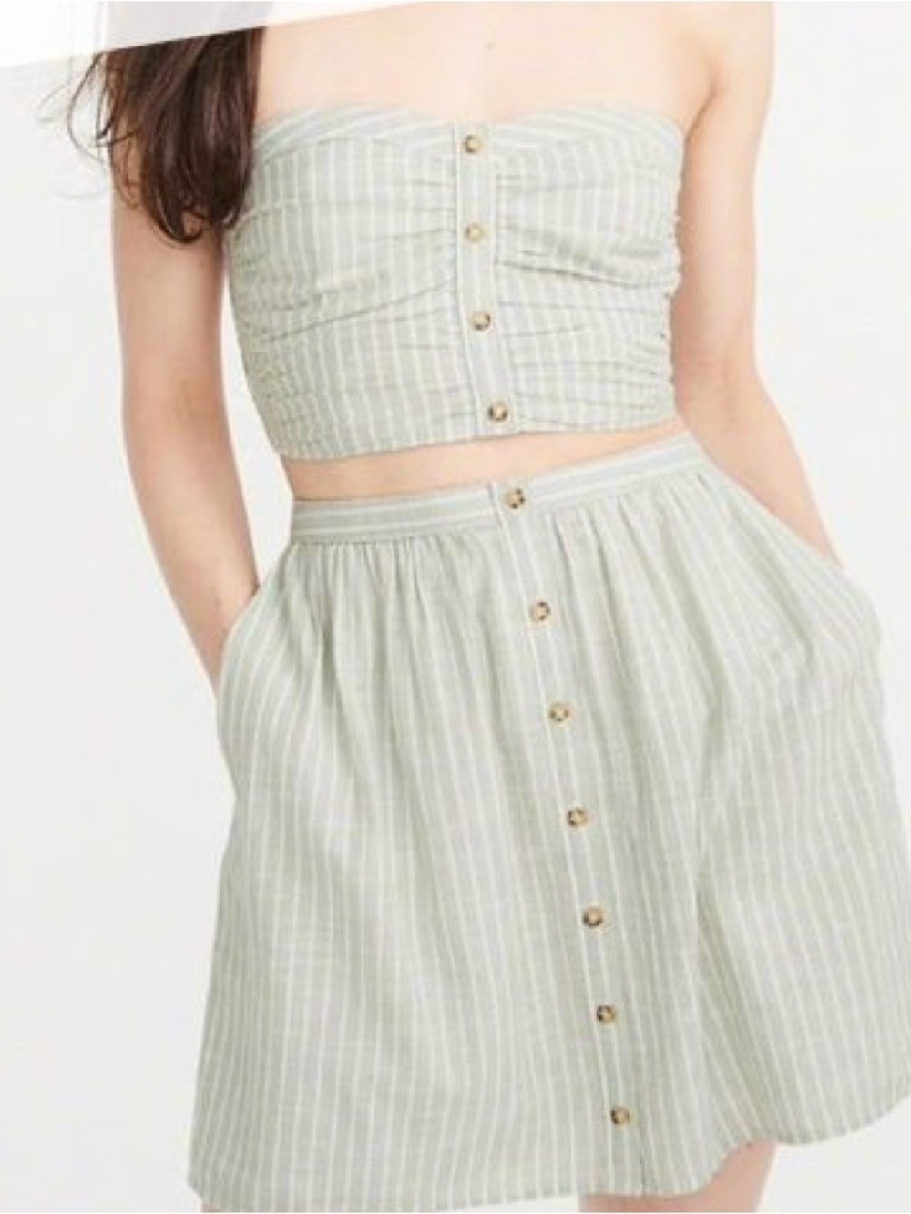 Abercrombie & Fitch Button Front Light Green Stripe Strapless Crop Top Women's S